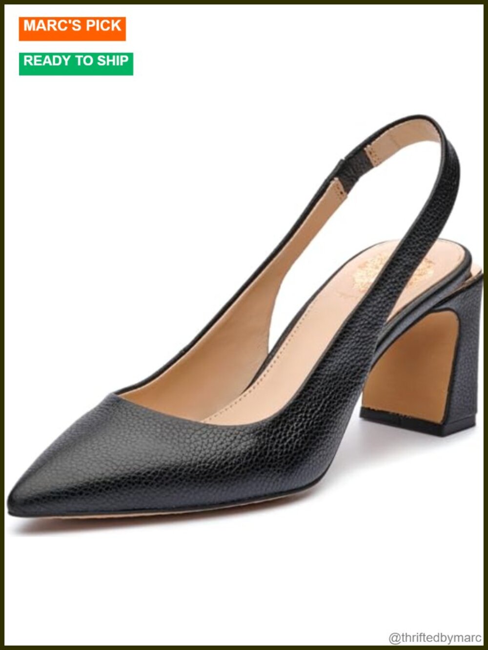 Women's Slingback Pump Pointed Toe Block Heel Leather Elastic Strap